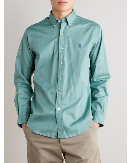 Polo Ralph Lauren Blue Button-Down Collar Logo-Embroidered Cotton Shirt for men