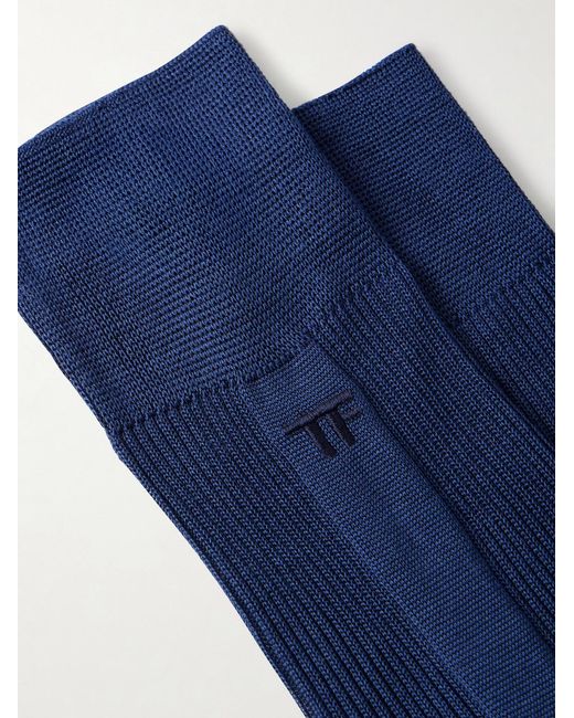 Tom Ford Blue Logo-Embroidered Ribbed Silk Socks for men