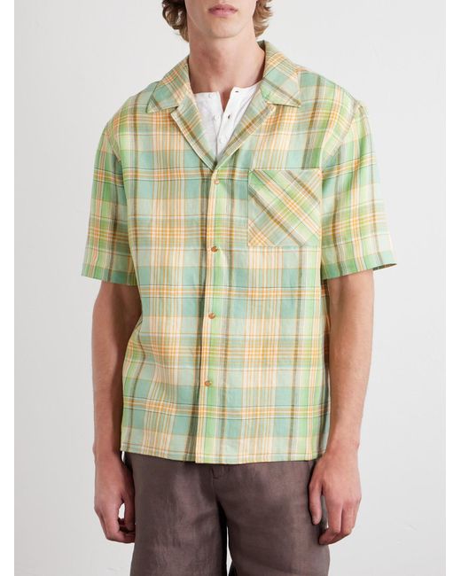 God's True Cashmere Green Convertible-Collar Checked Linen Shirt for men
