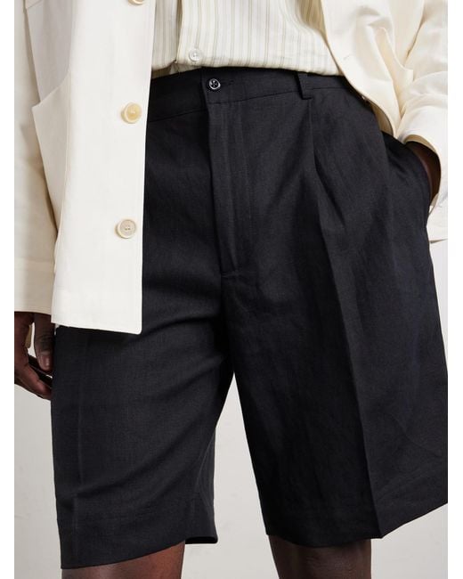 Rubinacci Black Straight-Leg Pleated Linen Shorts for men