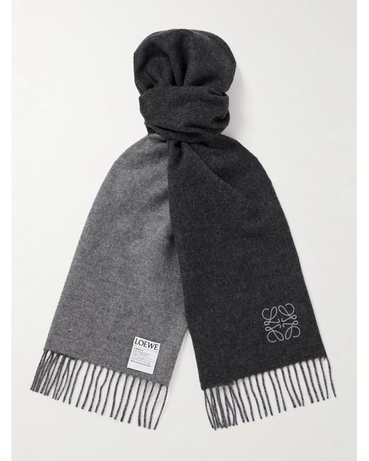 Loewe Black Fringed Logo-embroidered Two-tone Wool And Cashmere-blend Scarf for men