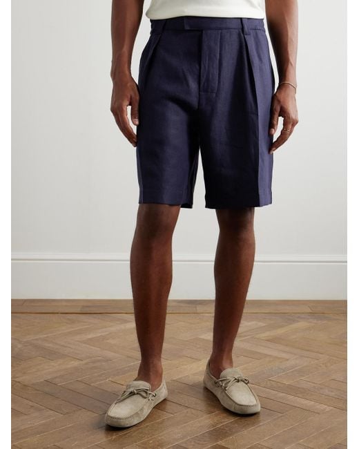 Loro Piana Blue Reinga Wide-Leg Pleated Linen-Twill Bermuda Shorts for men