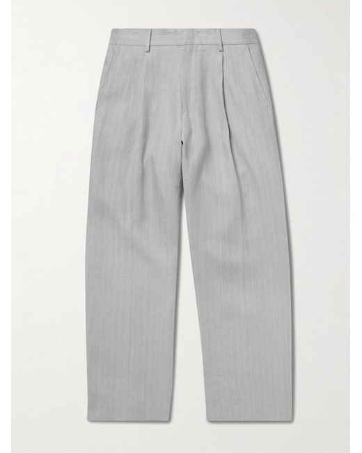 NN07 Gray Kay 1455 Straight-Leg Pleated Pinstriped Linen Trousers for men