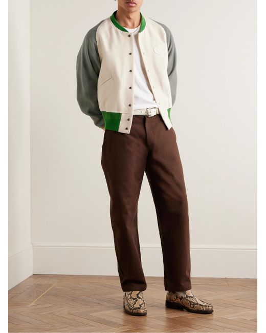 Visvim Green Colour-block Logo-appliquéd Wool And Linen-blend Varsity Jacket for men