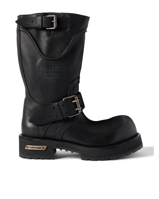 Balenciaga Black Venom Logo-Debossed Distressed Leather Boots for men