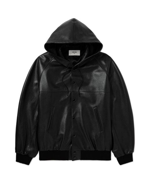 Céline Black Logo-Embossed Full-Grain Leather Hooded Bomber Jacket for men
