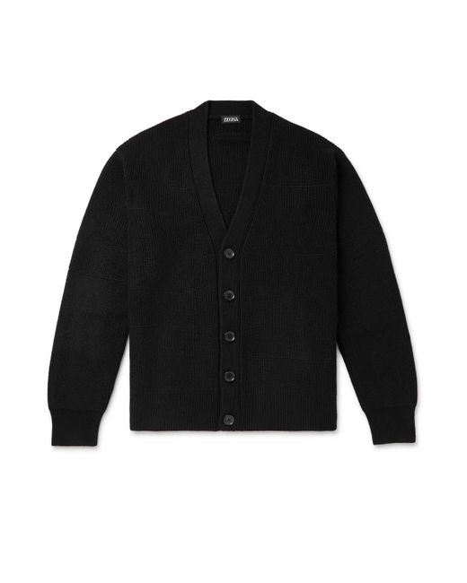 Zegna Black Ribbed Oasi Cashmere And Cotton-blend Cardigan for men