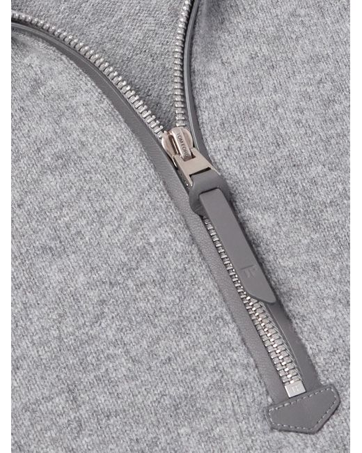 Tom Ford Gray Leather-Trimmed Wool And Cashmere-Blend Half-Zip Rollneck Sweater for men