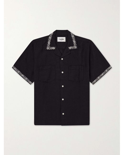 Corridor NYC Blue Harmony Camp-collar Embroidered Linen And Cotton-blend Shirt for men
