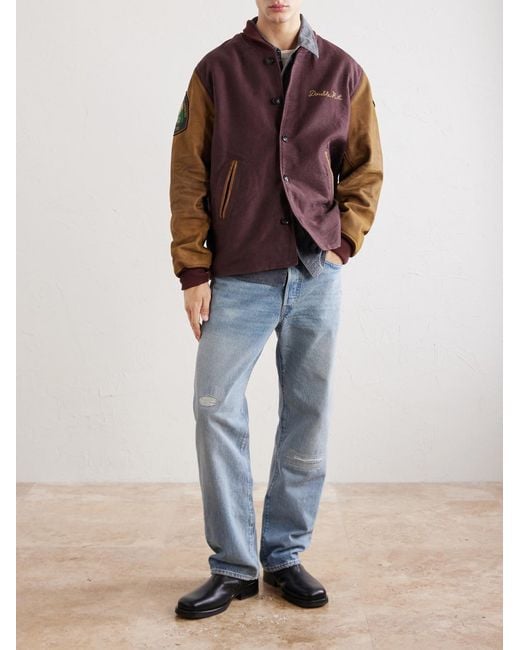 RRL Brown Logo-Embroidered Cotton-Corduroy And Leather Bomber Jacket for men
