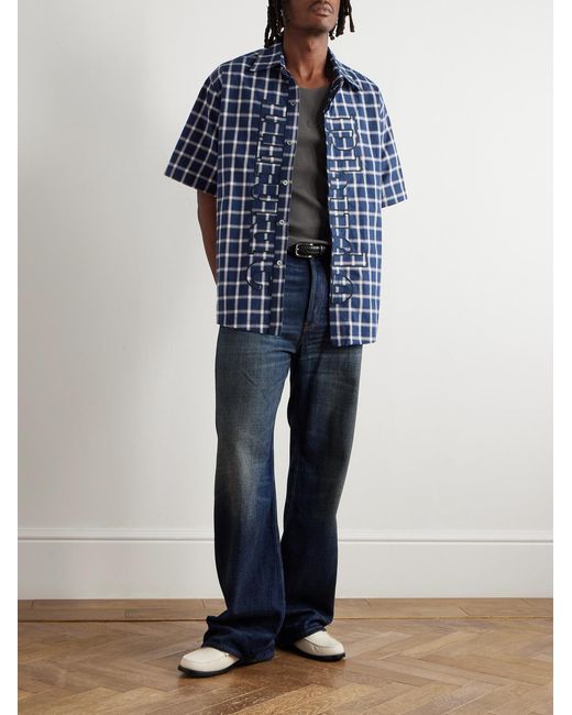 Rhude Blue Logo-Embroidered Checked Cotton-Poplin Shirt for men