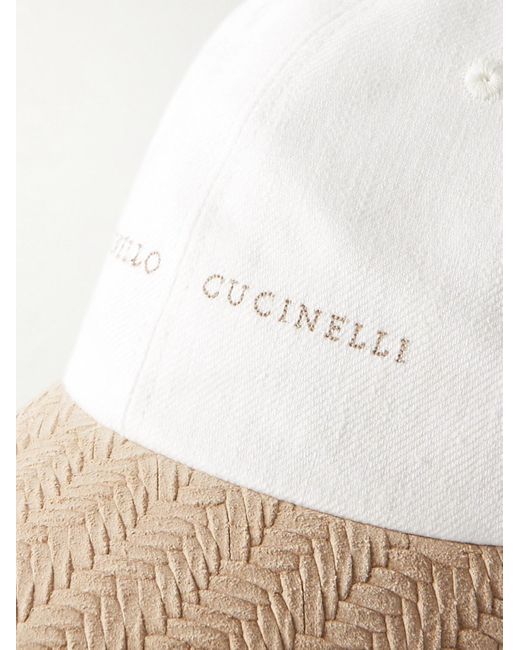 Brunello Cucinelli Natural Logo-embroidered Woven Suede And Linen-denim Baseball Cap for men