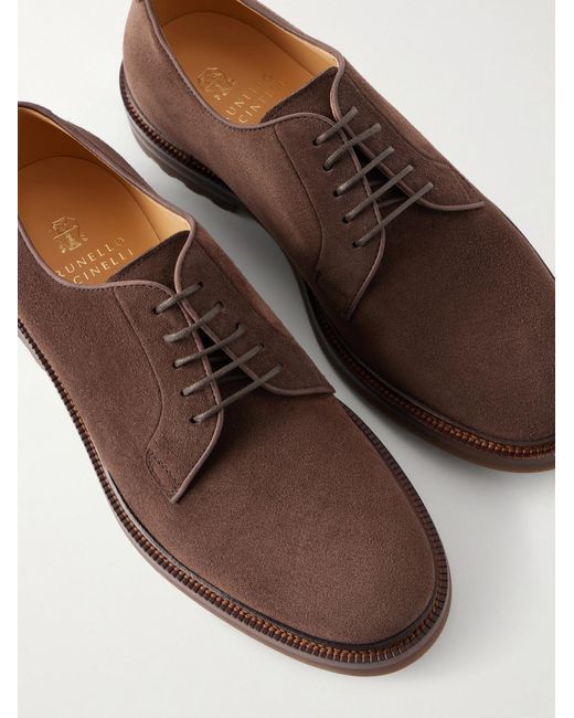 Brunello Cucinelli Brown Suede Derby Shoes for men