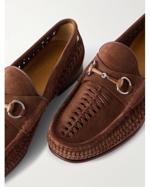 Gucci Brown Horsebit-Embellished Woven Suede Loafers for men