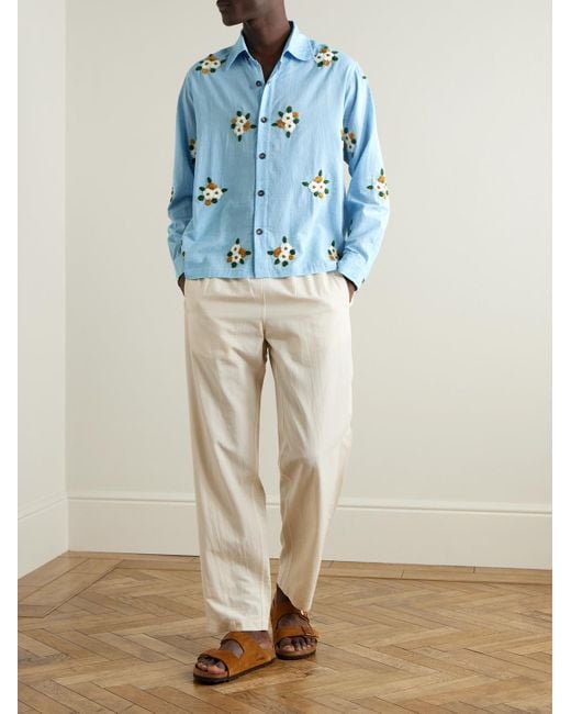 Kartik Research Blue Floral-Embroidered Embellished Cotton Shirt for men