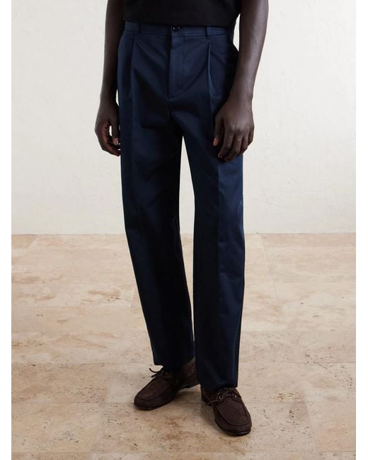 Valentino Garavani Blue Vlogo Straight-Leg Pleated Cotton-Gabardine Trousers for men