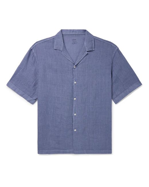 Altea Blue Bart Camp-collar Garment-dyed Linen Shirt for men