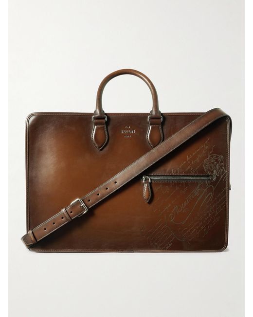 Berluti Brown 3 Nuits Neo Scritto Venezia Leather Briefcase for men