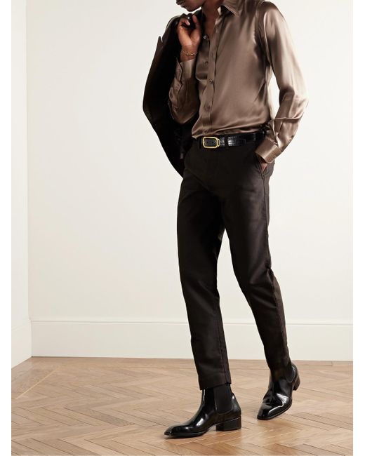 Tom Ford Brown Slim-fit Silk-satin Shirt for men