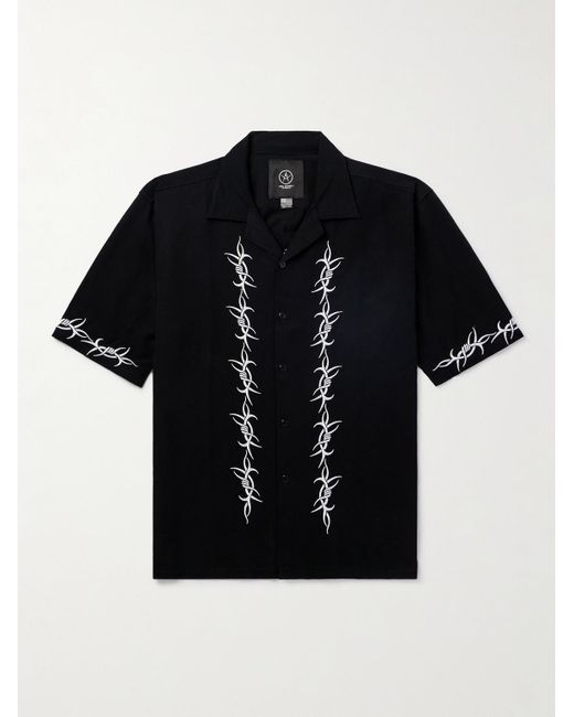 Local Authority Black Camp-collar Embroidered Cotton-twill Shirt for men
