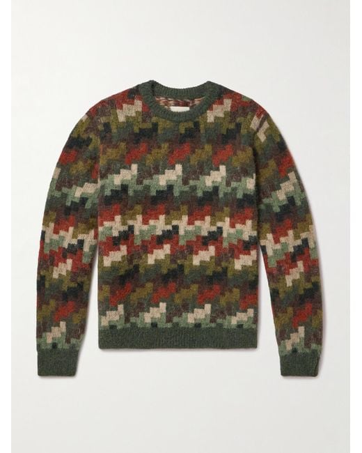 Aimé Leon Dore Green Camouflage-Print Houndstooth Alpaca-Blend Sweater for men
