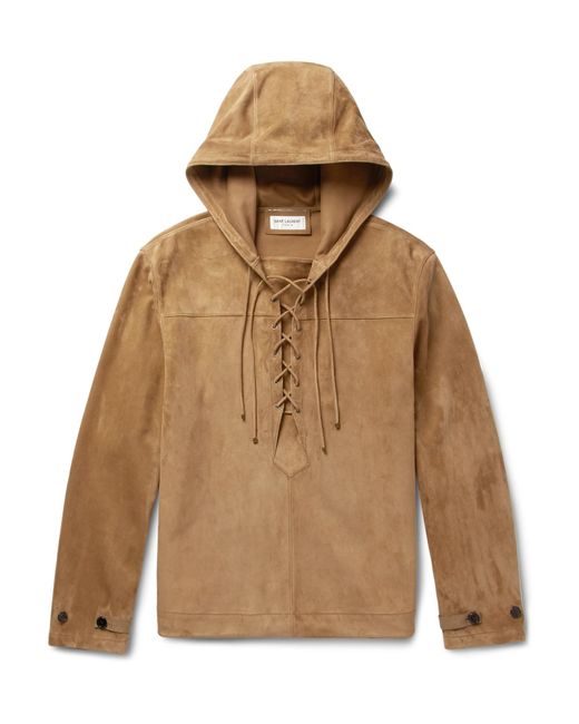 Saint Laurent Brown Lace-up Suede Hooded Jacket for men