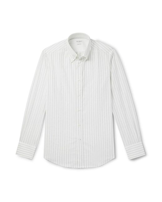 Brunello Cucinelli White Button-Down Collar Striped Cotton Shirt for men