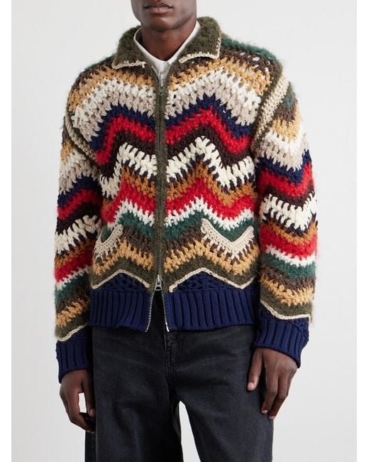 Sacai Red Striped Crocheted Zip-Up Cardigan for men