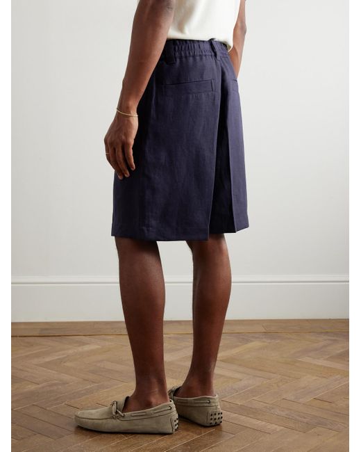 Loro Piana Blue Reinga Wide-Leg Pleated Linen-Twill Bermuda Shorts for men