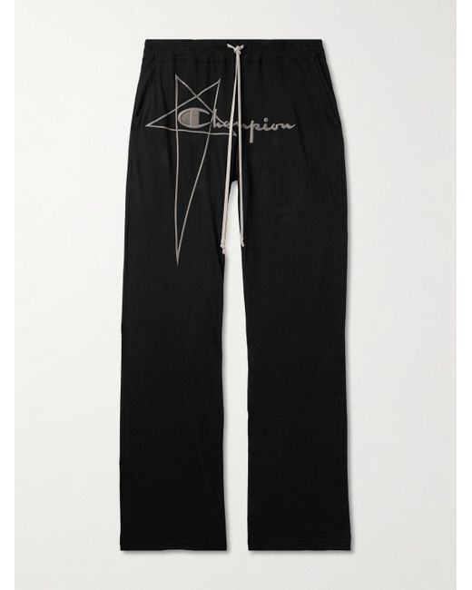 Rick Owens Black Champion Dietrich Straight-leg Logo-embroidered Cotton-jersey Sweatpants for men