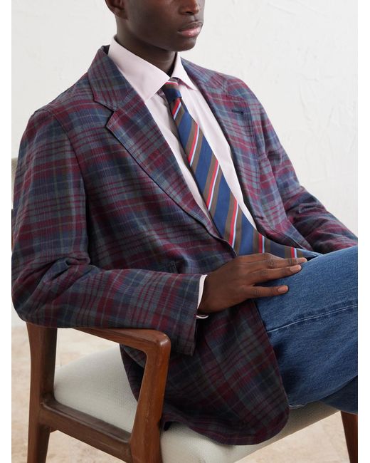 Drake's Blue Madras Games Checked Linen-Blend Blazer for men