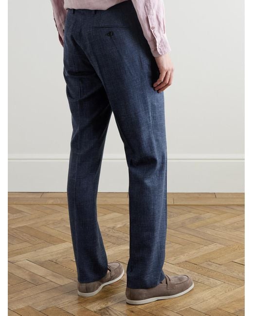 Mr P. Blue Mike Straight-Leg Pleated Wool, Silk And Linen-Blend Suit Trousers for men