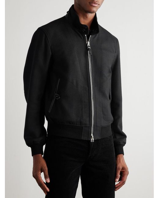 Tom Ford Black Leather-Trimmed Wool And Silk-Blend Twill Bomber Jacket for men