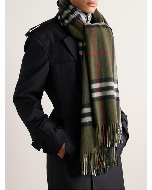 Burberry Green Fringed Checked Cashmere Scarf for men