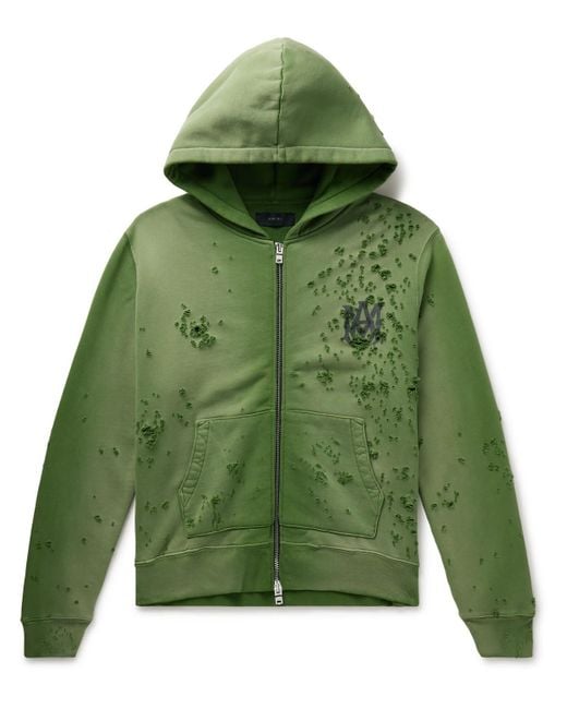 Amiri Green Distressed Logo-print Cotton-jersey Zip-up Hoodie for men