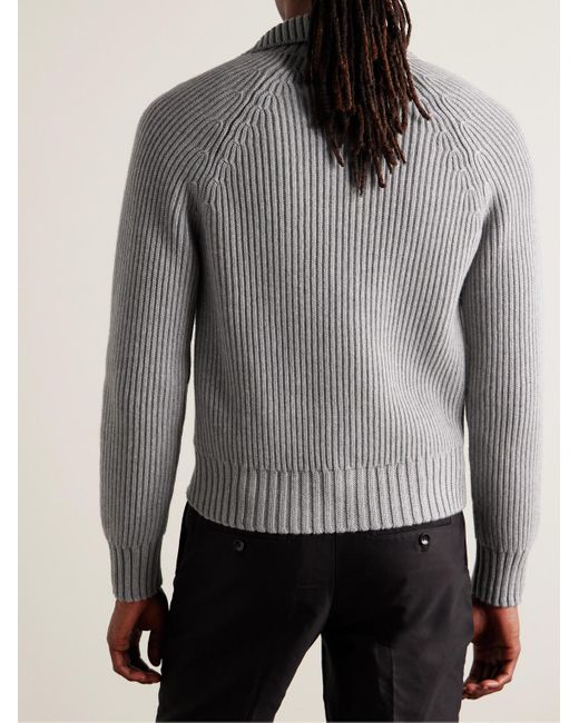 Tom Ford Gray Ribbed Wool And Cashmere-blend Cardigan for men