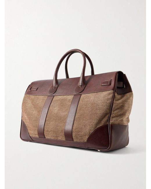 Brunello Cucinelli Brown Herringbone Canvas And Leather Weekend Bag for men