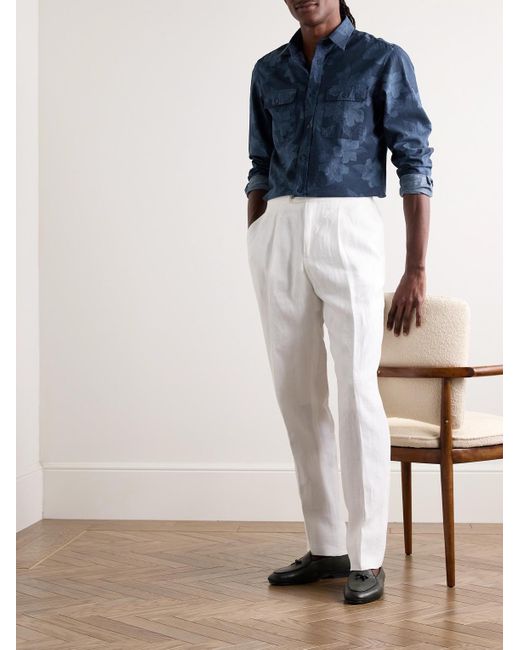 Ralph Lauren Purple Label Blue Slim-fit Floral-print Cotton And Linen-blend Shirt for men