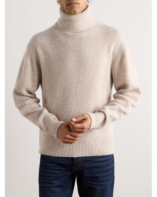 Tom Ford Natural Ribbed Brushed Cashmere And Silk-Blend Rollneck Sweater for men