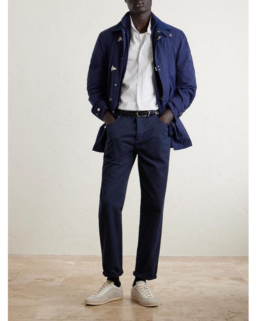 Brunello Cucinelli Blue Logo- Embroidered Straight-Leg Cotton-Twill Trousers for men