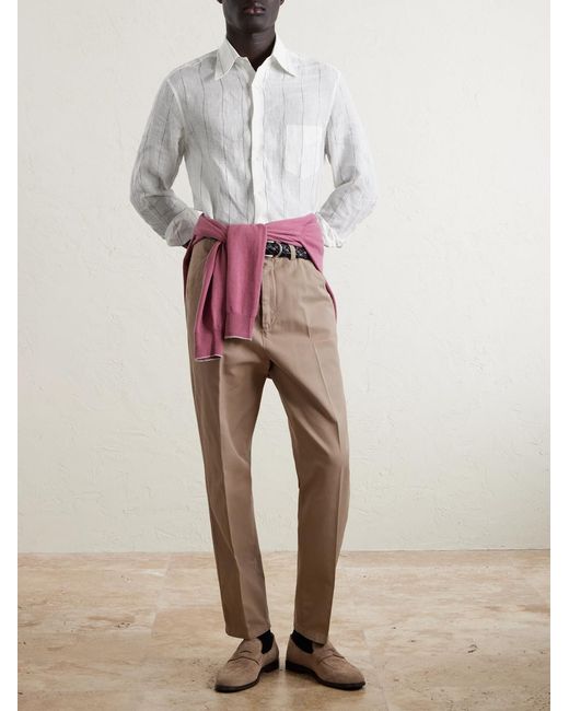 Brunello Cucinelli White Pinstriped Linen Shirt for men
