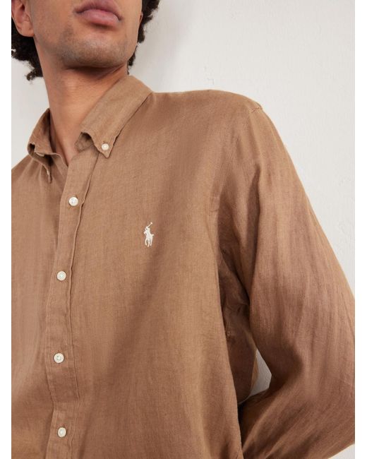 Polo Ralph Lauren Natural Button-Down Collar Logo-Embroidered Linen Shirt for men