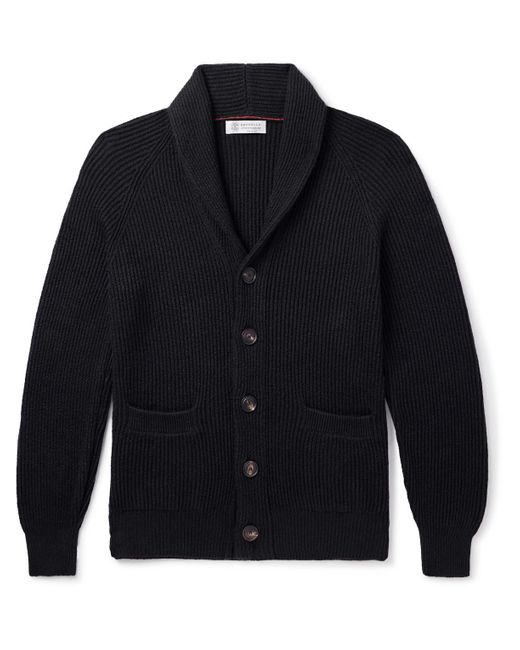 Brunello Cucinelli Blue Shawl-collar Ribbed Cotton Cardigan for men