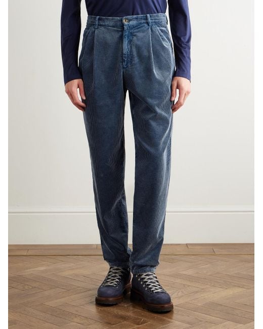 Brunello Cucinelli Blue Tapered Cotton-Corduroy Trousers for men