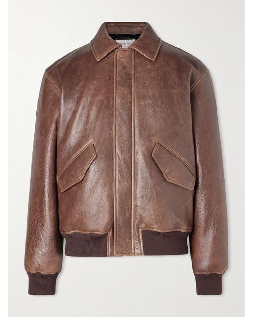 Saint Laurent Brown Leather Bomber Jacket for men