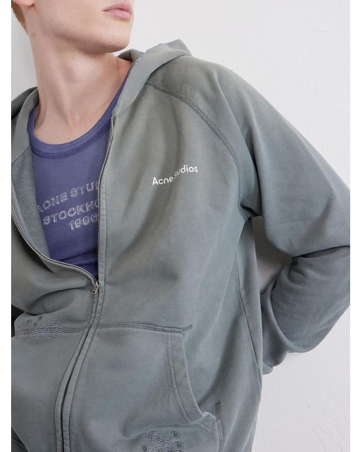 Acne Gray Fupiter Logo-Print Embroidered Cotton-Jersey Hoodie for men