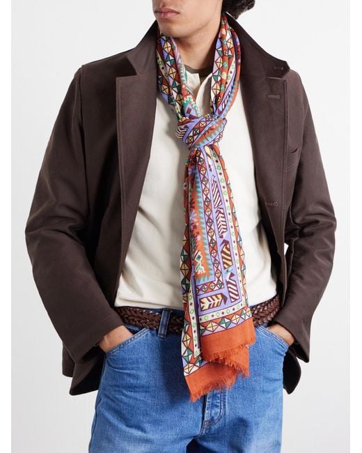 Drake's Red Printed Wool And Silk-Blend Scarf for men