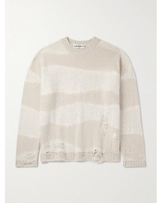 Our Legacy Natural Popover Distressed Striped Cotton And Linen-blend Sweater for men