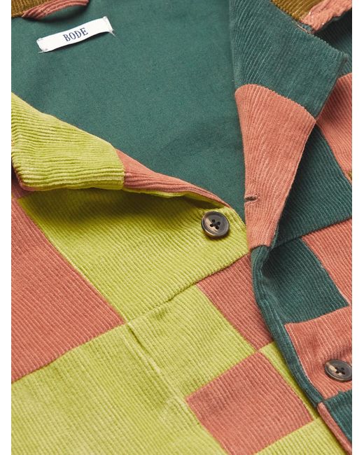 Bode Green Camp-Collar Patchwork Cotton-Corduroy Overshirt for men