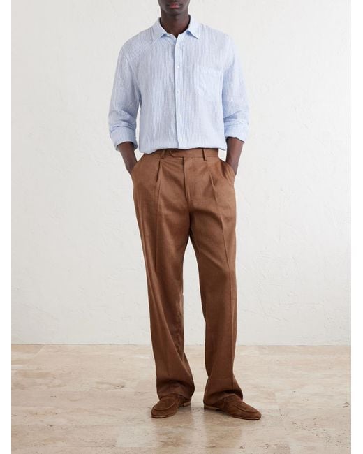 Frescobol Carioca Brown Affonso Pleated Straight-leg Linen And Virgin Wool-blend Suit Trousers for men
